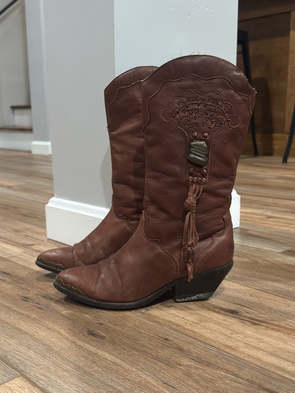 ZODIAC Vintage 80s Western Brass-Toe Brown Leather Fringe Cowboy Boots | Sz 7.5